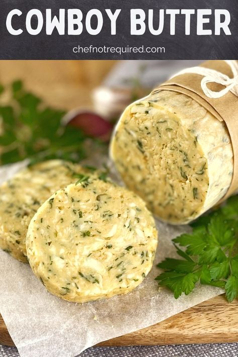 Log of compound butter with two slices sitting on a wooden board with parsley. Smoked Cowboy Butter, How To Make Cowboy Butter, Sweet Compound Butter, Homemade Butter Flavors, Compound Butter For Turkey, Compound Butter For Steak, Cowboy Butter Steak, Cowboy Butter Dipping Sauce, Butter Dips