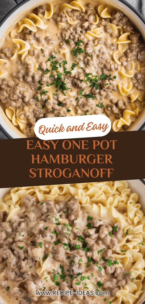 Savor this simple and delicious one pot Hamburger Stroganoff recipe that's packed with traditional flavors. Perfect for busy weeknights, this comforting dish combines ground beef, creamy sauce, and nutritious mushrooms over your favorite noodles. We have provided convenient tips to create this hearty dinner using just one pot, making cleanup a breeze. Whether you're a seasoned cook or a beginner, this recipe is sure to impress your family with its rich taste and ease of preparation. Try this flavorful Hamburger Stroganoff and enjoy a quick, satisfying meal. One Pot Hamburger Stroganoff, Ground Beef Stroganoff With Sour Cream, One Pot Stroganoff Recipe, Hamburger With Noodles Recipes, Hamburger Helper Stroganoff Homemade, Hamburger Stroganoff With Cream Cheese, Beginner Dinner Recipes For Family, Gr Beef Stroganoff, Poor Mans Stroganoff