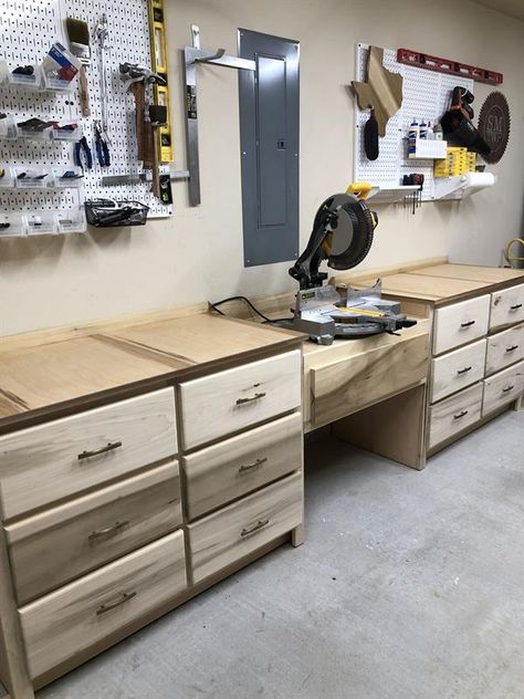 Diy Garage Work Bench With Cabinets, Mitersaw Station, Miter Station, Garage Woodshop, Miter Saw Station, Saw Station, Garage Workbench Plans, Workshop Cabinets, Mitre Saw Station