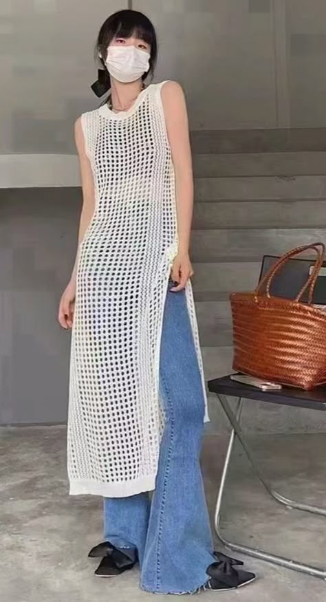 Crochet Long Vest, Knit Sundress, Midi Tank Dress, Tank Outfit, White Midi Dress, Crochet Fashion, Flowing Maxi Dress, Glamorous Evening Gowns, Midi Dresses