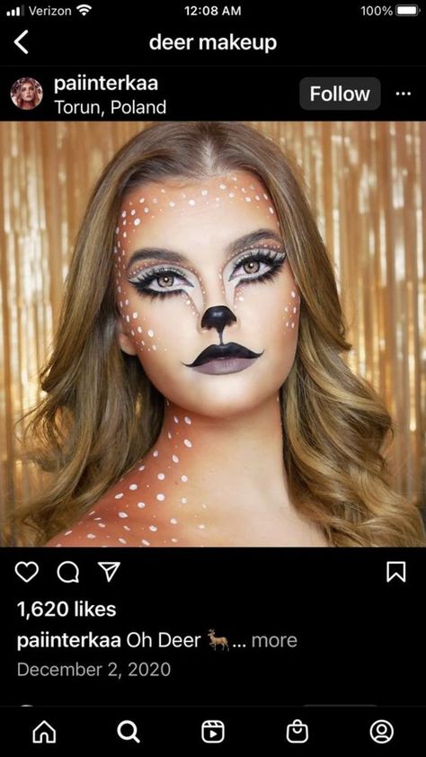 Fawn Makeup Deer, Deer Costume Women, Deer Costume Makeup, Halloween Makeup Ideas For Women, Fawn Costume, Girl Halloween Makeup, Fair Costume, Cat Halloween Makeup, Fox Makeup