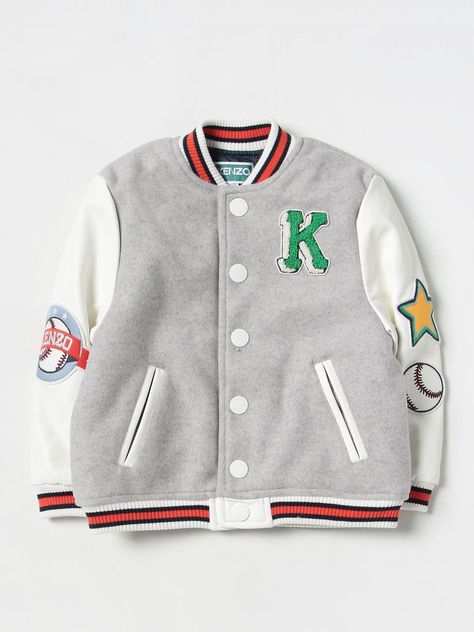 Jacket KENZO KIDS Kids color Grey Embroidered Badges, Kenzo Kids, Trendy Prints, Boys Coat, Coat Design, Baseball Jacket, White Boys, College Fashion, Jacket Design