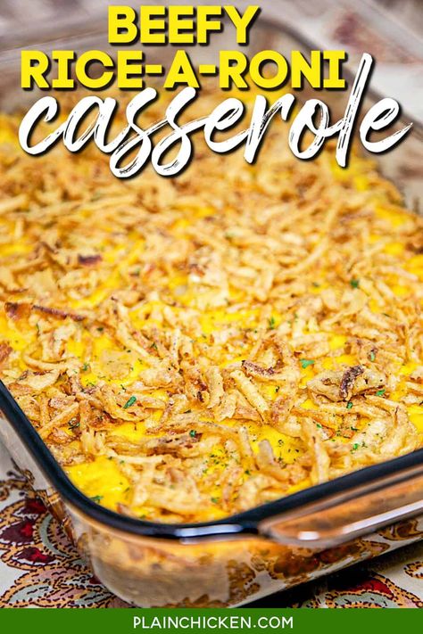 Beefy Rice-A-Roni Casserole Recipe - easy weeknight meal with only 5 ingredients! Ground beef, Beef Rice-A-Roni, cream of chicken soup, cheddar cheese, and fried onions. Can make ahead and freeze for later! Ready in 20 minutes! Add this hamburger rice casserole to your menu. It is sure to become a family favorite! Easy Rice A Roni Recipes, Rice A Toni And Ground Beef, Rice A Roni Recipes Casseroles, Meals With Rice A Roni, Rice O Roni Recipes Easy Dinners, Ground Beef Ricearoni, Cheesy Rice A Roni Recipes, Recipes With Beef Rice A Roni, Ground Beef Casserole Recipes For Dinner Quick Meals