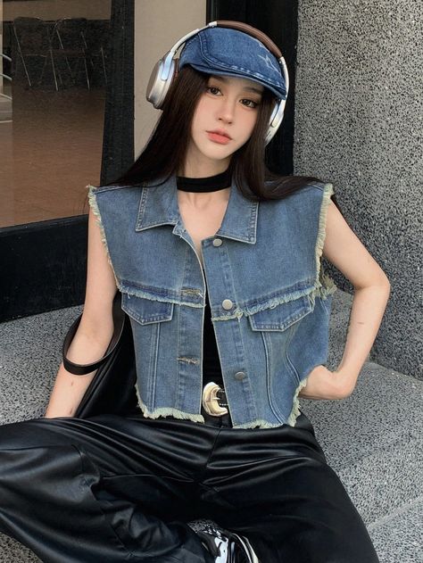 Blue Casual Collar Sleeveless Denim Plain vest Embellished Non-Stretch Spring/Summer/Fall Women Clothing Sleeveless Denim Jacket Outfit, Sleeveless Jean Jacket Outfit, Sleeveless Jacket Outfit, Denim Vest Outfit, Sleeveless Jean Jackets, Plain Vest, Jean Jacket Outfits, Denim Jacket Outfit, Outfit Mujer