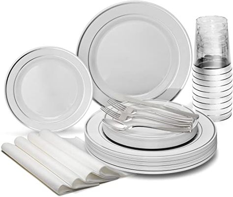 " OCCASIONS" 960pcs set (120 Guests)-Heavyweight Wedding Party Disposable Plastic Plate Set -120 x 10.5'' + 120 x 7.5'' +Silverware +Cups+linen like paper Napkins (White & Silver Rim) Plastic Plates Wedding, Wedding Dinnerware, Gold Silverware, Disposable Plastic Plates, Vintage Wedding Party, Plastic Silverware, Disposable Plates, Plastic Plates, Disposable Tableware