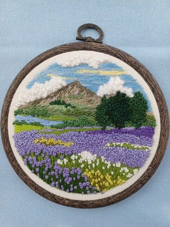 Hand Embroidered Landscapes, Embroidery Landscape Easy, Clouds Embroidery, Mountains Embroidery, Landscape Lavender, Embroidered Landscapes, Embroidery Water, Cloud Embroidery, Flowers Mountain