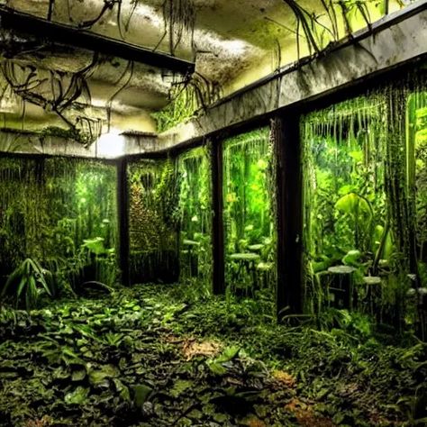 room overgrown plants - Google Search Overgrown Plants Aesthetic, Overgrown Laboratory, Overgrown Greenhouse, Overgrown Buildings, Overgrown Aesthetic, Bunker Room, Overgrown City, Overgrown Plants, Abandoned Underground