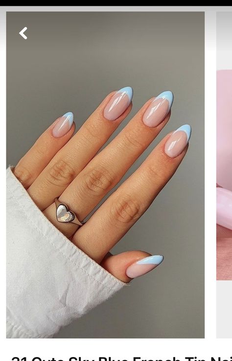 Nail French Tip Designs Almond, Light Blue Nail French Tip, Periwinkle Nail Ideas, French Nails Blue Tips, Light Blue Nails French Tip Almond, Baby Blue French Tip Nails Almond, Dusty Blue French Tip Nails, Sky Blue And White Nails, Light Blue French Almond Nails