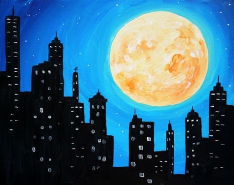 Night Time Painting Ideas, City Night Drawing, Painting Ideas Night, City At Night Drawing, City Painting Acrylic Easy, City At Night Painting, City At Night Painting Easy, Cityscape At Night Drawing, Painting Of City At Night