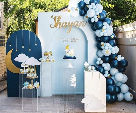 Think Event Think Bazaar Moon And Stars Themed Birthday Party, Aqeeqah Decoration, Akikah Decoration, Decor Aqiqah Baby Boy, Moon And Stars Birthday Party, Backdrop Aqiqah, Aqiqah Decoration, Event Planner Website, Planner Website