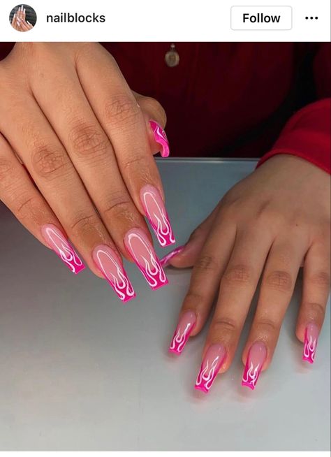 Simple Bougie Nails, Megan Thee Stallion Nail Ideas, January Nail Inspo 2023, Hot Pink Baddie Nails, Nails With Fire Design, Flame French Tip Nails, Pink Nail Designs Almond Shape, Karol G Nails, Barbiecore Nails