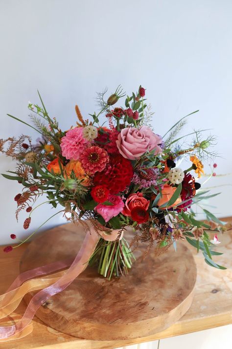 Surrey wedding florist — Hayloft Floral Bridal Flowers Colourful, October Seasonal Flowers, Bright Fall Flowers Wedding, Bright And Colourful Bridal Bouquet, Bright Autumn Bouquet, Wedding Flowers Zinnias, Autumnal Flowers Wedding, Bright Autumn Wedding Flowers, Colourful Autumn Wedding