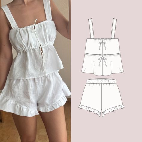 Sewing Pattern | Tie Crop Top and Ruffle Shorts | Sleeveless top | Summer Set |INSTANT DOWNLOAD Linen Shorts Pattern, Top Pattern Sewing, Shorts Sewing Pattern, Ropa Upcycling, Sewing Top, Sewing Designs, Shorts Sewing, Pattern Shorts, Sewing Projects Clothes