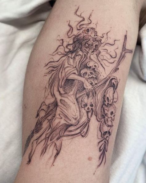 Patchwork Tattoo Witch, Spiderwick Tattoo, Spider Wick Chronicles Tattoo, Neo Traditional Witch Tattoo, Realism Witch Tattoo, Spooky Blackwork Tattoo, Witch Tattoo, London Tattoo, B Tattoo