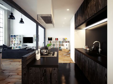 Shou Sugi Ban Kitchen, Loft Kitchen Design, Loft Apartment Designs, Minimal Loft, Scandinavian Kitchen Design, Loft Apartments, Loft Kitchen, Textured Wood, Duplex Apartment