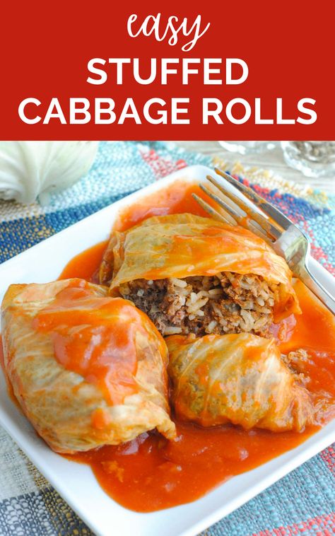 Plate of golubtsi cabbage rolls with tomato sauce. Golubtsi Recipe, Best Cabbage Rolls Recipe, Easy Cabbage Rolls, Easy Stuffed Cabbage, Stuffed Cabbage Rolls, Cabbage Rolls Recipe, Stuffed Cabbage, Ground Sausage, Cabbage Rolls