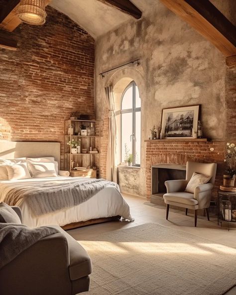 Light Brick Bedrooms ☀️🧱🛏 . . Conjured blending Midjourney AI, Photoshop and Topaz 🧙‍♂️🪄 . . .  #brick #brickhouse #bedroomdecor… | Instagram Shabby Chic Industrial Decor, Tuscan Farmhouse Bedroom, Brick Wall Bedroom, Brick Bedroom, Eclectic Loft, Brick Room, Brick Interior, Light Brick, Loft Interiors