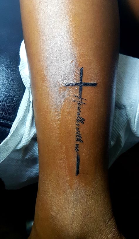 He Walks With Me Tattoo, Faith Foot Tattoos, He Walks With Me, Me Tattoo, Faith Tattoo, Tattoos For Daughters, Foot Tattoo, Cross Tattoo, Walk By Faith