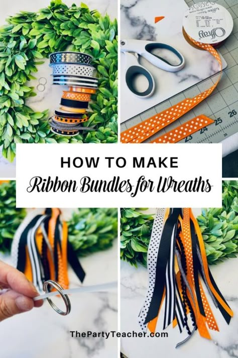 How to Add a Ribbon Bundle to a Wreath - The Party Teacher Ribbons For Wreaths How To Make, Ribbon For A Wreath, Ribbon Streamers Diy, Ribbon Garland Diy How To Make, Diy Ribbons For Wreaths, Farmhouse Ribbon Wreath, How To Make Ribbon Bundles For Wreaths, Ribbon On Wreaths Ideas, Wreath With Ribbons Hanging Down