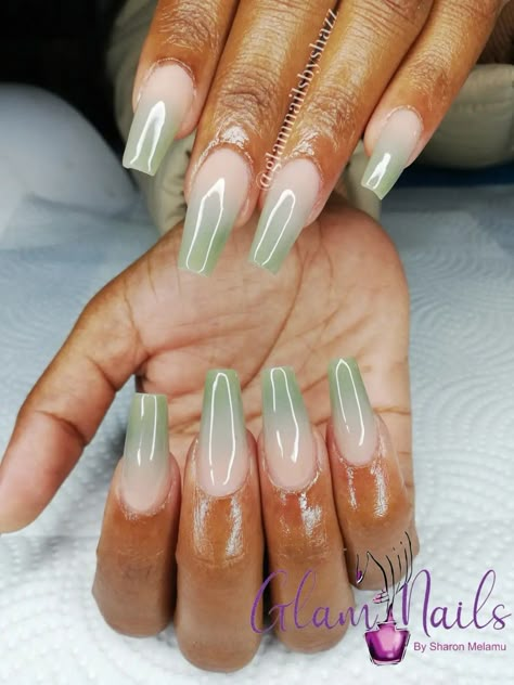 Ombre Nail Green, Light Green Nails Ombre, Sage Green And White Almond Nails, Green French Ombre Nails, Jade Ombre Nails, Sage Green Nails Ombre, Sage Green Ballerina Nails, Sage Green Ombré Nails, Peach And Sage Nails