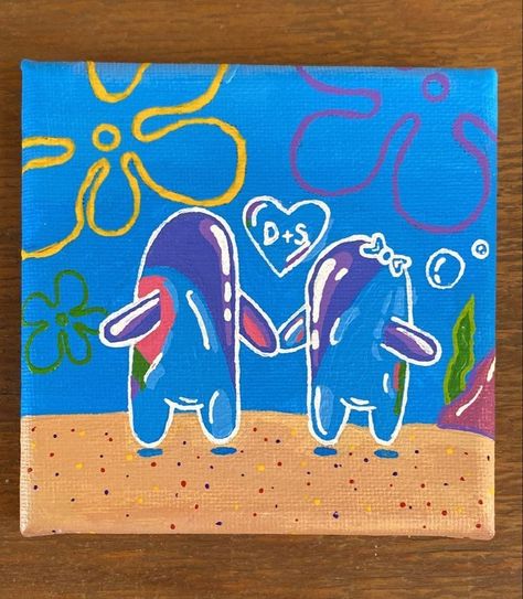 Cute Canvas For Couples, Cute Art For Girlfriend, Spongebob Bubble Buddy Painting, Paint Ideas For Best Friends, Paintings For Your Girlfriend, Couple Things To Draw, Spongebob Love Painting, How To Paint A Bubble, Bubble Buddy Painting