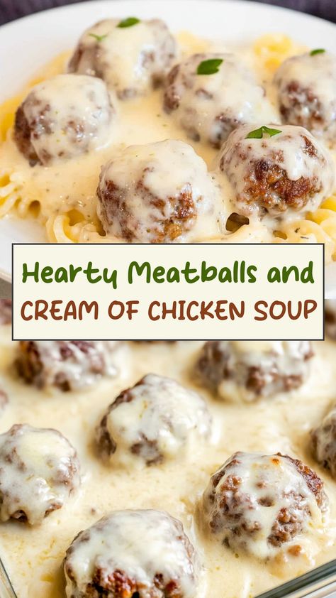 Indulge in the ultimate comfort food with this hearty meatball recipe made with a creamy twist using cream of chicken soup. These savory meatballs are perfect for a cozy family dinner or potluck gathering. The rich and creamy sauce adds a delicious flavor that will have everyone coming back for more. Try serving these meatballs over mashed potatoes or pasta for a satisfying meal that is sure to impress. Meatballs In Cream Of Mushroom Soup, Meatballs With Cream Of Mushroom Soup, Cream Of Mushroom Meatballs, Meatballs Cream Of Mushroom Soup, Meatballs Over Mashed Potatoes, Creamy Meatballs, Chicken Meatball Soup, Delicious Meatballs, Mushroom Meatballs