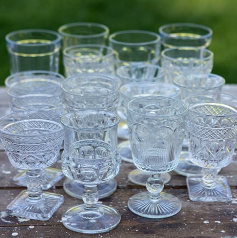 Vintage Glass Goblets, Clear Vintage Glassware, Clear Goblets Wedding, Mismatched Drinking Glasses, Thrifted Goblets Wedding, Mixed Vintage Glassware Wedding, Vintage Glass Cups Wedding, Thrifted Wedding Glassware, Thrifted Champagne Glasses