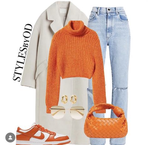 Winter Outfits Casual, Nyc Winter Outfits, Light Blue Denim Jeans, Fashion Style Inspiration, Nyc Winter, Orange Sweater, Orange Colour, Colour Pop, Orange Bag