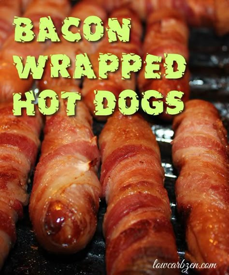 Bacon Wrapped Hot Dogs - These are even better than they look and sooooooo easy. Low Carb Dinner idea and Delicious because #BACON! Bacon Cheese Hotdogs, Hotdogs With Bacon, Bacon Wrapped Hot Dogs In Oven, Bacon Wrapped Hotdogs In Oven, Bacon Wrapped Wieners, Bacon Wrapped Hot Dog, Low Carb Taco Shells, Bacon Wrapped Hotdogs, Bacon Hot Dogs