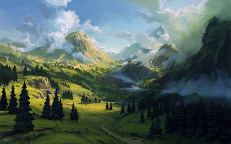 Fantasy Fields, Wings Wallpaper, Mountain City, Grassy Field, Mountain Valley, Landscape Concept, Fantasy Setting, Fantasy Places, Nature Drawing