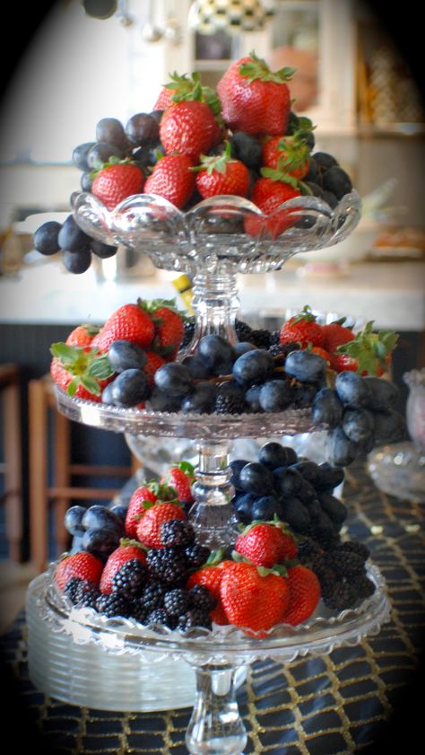 Fruit On Cupcake Stand, Fruit Tier Stand Display, Fruit On Cake Stand, Elegant Fruit Display, Tiered Fruit Tray, Cake Platter Decor Display, Display Fruit On Counter, Fruit Platters Display, Berry Display