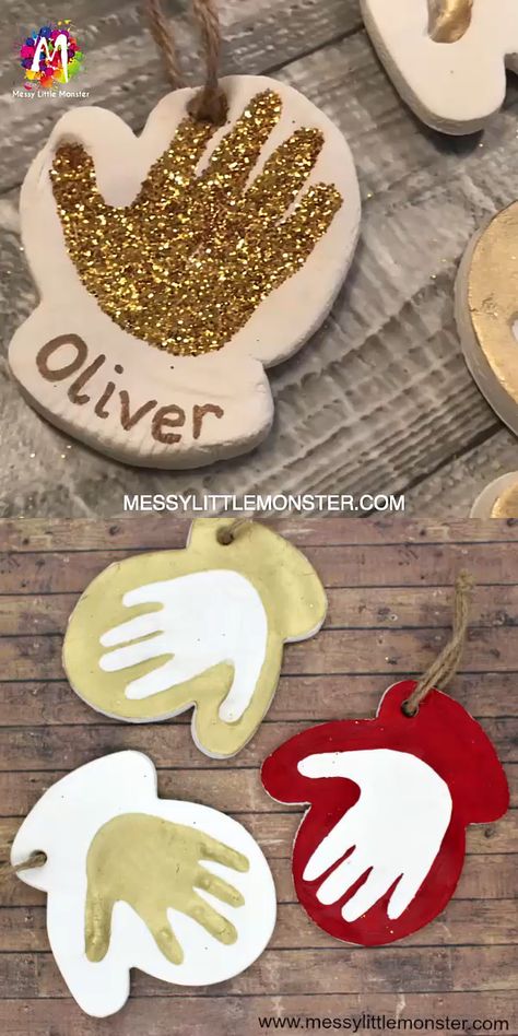 Use our homemade clay recipe to make a toddler or baby handprint ornament. Clay handprint crafts are so cute!  #homemadeclay #homemadeclayrecipe #homemadeclayornaments #handprintornaments #homemadeclayforkids #mittenornaments #homemadeclaychristmasornaments #mittenornamentsforkids #homemadeclayornamentsrecipe #keepsakeornaments #keepsakeornamentsbaby #keepsakeornamentsforkidstomake #saltdoughornaments #christmascraftsforkids #easychristmascraft #mittencraft #mittencraftsfortoddlers Baby Handprint Ornament, Homemade Clay Recipe, Clay Handprint, Baby Christmas Crafts, Clay Recipe, Handprint Ornaments, Homemade Clay, Baby Handprint, Preschool Christmas Crafts