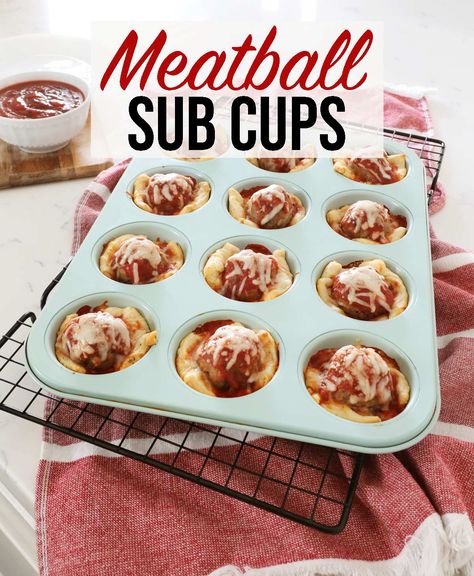 These meatball sub cups are such a fun recipe for individual meatball subs and the perfect appetizer for game days or even a fun way to eat dinner! An easy appetizer using crescent rolls, frozen meatballs, marinara sauce and mozzarella cheese. Made in under 30 minutes! Meatballs Wrapped In Crescent Rolls, Meatball Appetizer Recipes, Using Crescent Rolls, Meatballs Marinara, Pizza Monkey Bread, Meatball Appetizer Recipe, Mozzarella Stuffed Meatballs, Meatball Sub, Cheese Crescent Rolls