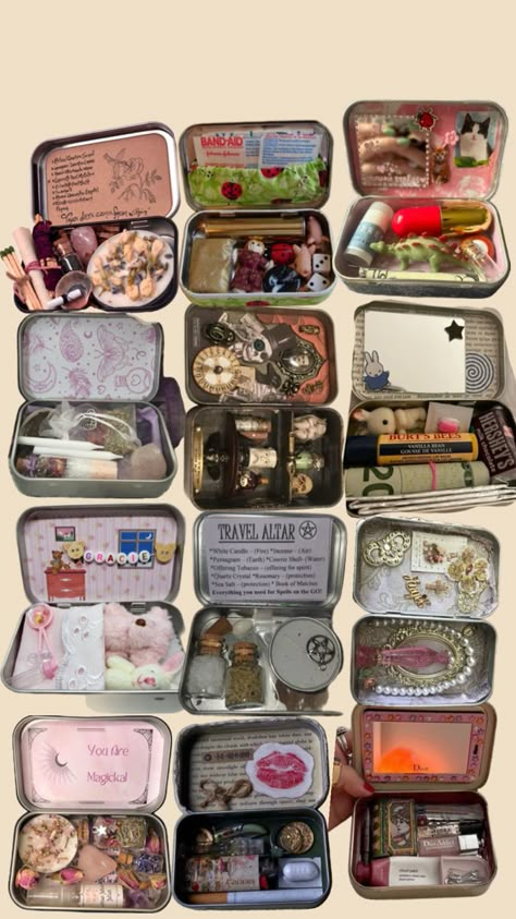 Altoid Container Crafts, Altoid Tin Altar Witchcraft, Altoid Tin Ideas Miniatures Diy, Altoid Tin Ideas Outside, Decorate Altoid Tin, Tin Containers Diy, Trinket Bag Aesthetic, Mint Can Wallet, Painted Altoid Tins