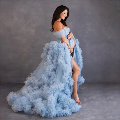 Bella Blue Tulle Pregnant Woman Dresses A-line High-Low Wedding Dress Elegant Sleeves Lace-up Back Ruffle Dress Maternity Photos, Blue Gown Maternity Shoot, Tulle Dress Maternity Photos, Blue Dress Maternity Pictures, Tulle Robe Maternity Photoshoot, Blue Maternity Dress Photo Shoot, Tulle Maternity Dress Photoshoot, Sky Blue Prom Dresses, Maternity Gowns For Photoshoot