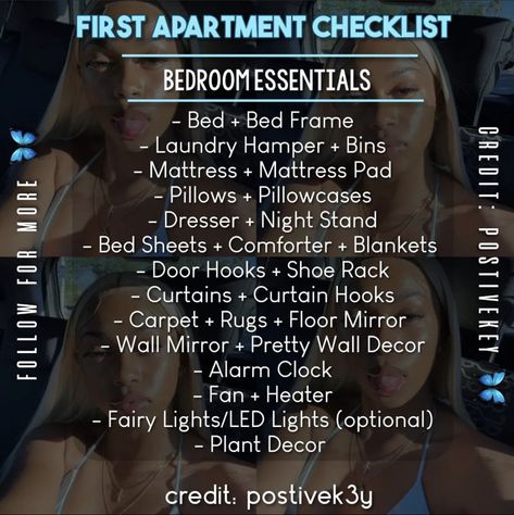 Bedroom Needs Checklist, Save For Apartment Budget, First Apartment Grocery List, New Apartment Checklist, First Apartment Tips, Apartment Tips, Apartment Must Haves, New Home Essentials, First Apartment Essentials