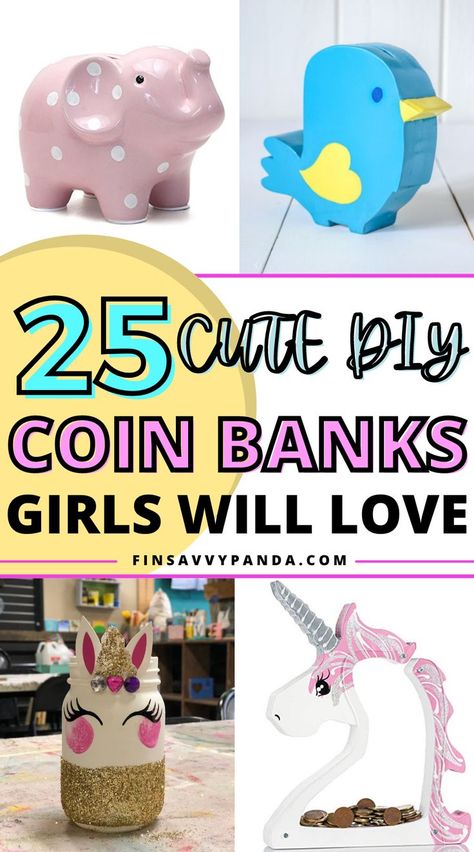 Check out these adorable and cute piggy banks that'll inspire your kids to start budgeting and save money! This list includes both piggy banks from Amazon and many DIY homemade piggy coin bank ideas! Look for more coin banks and saving money tips via finsavvypanda.com #piggybank #savemoney #budgeting Coin Bank Ideas, Cool Piggy Banks, Cute Piggy Banks, Piggy Bank Ideas, Diy Coin Bank, Unique Piggy Bank, Unicorn Piggy Bank, Piggy Bank Diy, Diy Bank