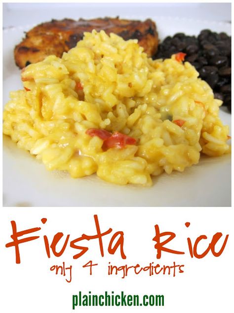 Fiesta Rice Recipe - simple Mexican rice dish with only 4 ingredients! Mix together and bake for 30 minutes. SO delicious!! Rice Side Dish Recipes For Pork, Rice Sides For Pork, Rice And Cheese Recipes, Fiesta Rice Recipe, Fiesta Rice, Mexican Rice Dishes, Rice Casseroles, Fiesta Night, Risotto Dishes