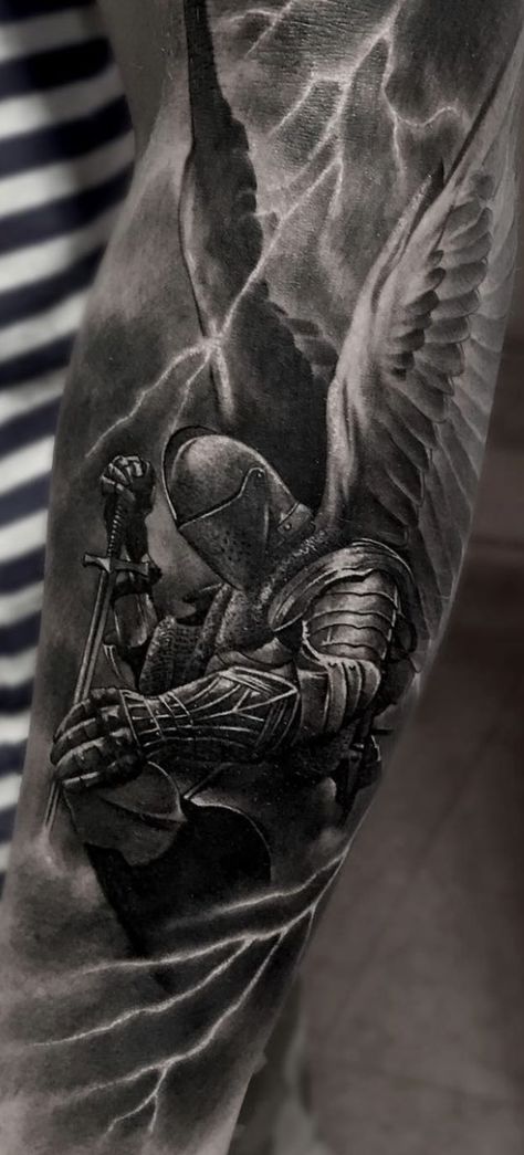 Dark Angel Tattoo Men, Warrior Angel Tattoo Men, St Gabriel Archangel Tattoo, St Gabriel Archangel, Dark Angel Tattoo, Angel Warrior Tattoo, Armor Of God Tattoo, Guardian Angel Tattoo Designs, Guardian Angel Tattoo