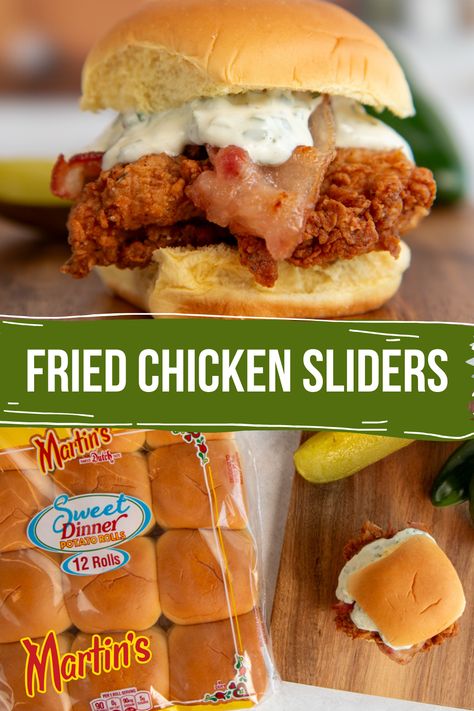 These fried chicken sliders make a delicious homegating meal! Fry up chicken thigh cutlets, cook bacon slices, make the spicy mayo, and then stack up all the ingredients on a Martin’s Sweet Dinner Potato Roll. Chicken Cutlet Sliders, Chicken Thigh Sliders, Crispy Chicken Sliders, Taco Sliders, Fried Chicken Sliders, Sliders Recipes, Sliders Recipes Chicken, Potato Rolls, Chicken Sliders