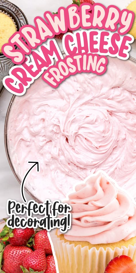 This strawberry cream cheese frosting is made with just 6 simple ingredients, is perfect for decorating, and is full of fresh strawberry flavor. Strawberry Cool Whip Frosting, Strawberry Frosting Recipe, Frosting Flavors, Strawberry Cream Cheese Icing, Strawberry Frosting Recipes, Best Frosting Recipe, Strawberry Icing, Strawberry Cream Cheese Frosting, Fresh Strawberry Recipes