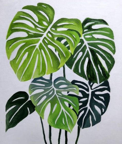 Monteras Plant Drawing, Monstera Painting Wall Art, Monstera Painting Acrylic, Monstera Leaf Drawing, Monstera Painting, Wall Painting Decor, Leaf Drawing, Textured Canvas Art, 수채화 그림