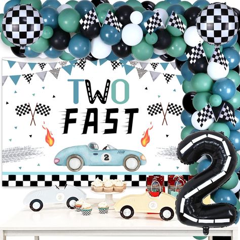 PRICES MAY VARY. Vintage Two Fast Birthday Decorations: You will get 20pcs latex balloons 10 inches, 35pcs latex balloons 12 inches, 15pcs latex balloons 5 inches, 2pcs Checkered foil balloons 18 inches, 8pcs race car flags, 1 TWO FAST backdrop 5*3 ft, 1 number"2" foil balloon 32 inches (No Helium Supported), 2pcs white stickers, 1 roll of balloon tape strip, 1 roll of adhesive dot, 2 rolls of white ribbon. Two Fast Backdrop: The size of vintage two fast backdrop is 3*5 ft(1x1.5m), it is made of Fast Birthday Decorations, Two Fast Birthday, 2nd Birthday Party For Boys, 2nd Birthday Boys, Fest Temaer, Boy Vintage, Car Themed Parties, Boy Birthday Party Themes, Race Car Birthday Party