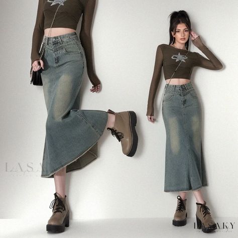 Lasaky - Vintage Denim Midi Skirt with Frayed Hem and Flattering Mermaid Silhouette Bodycon Midi Skirt, Long Denim Skirt, Fishtail Skirt, Black Pencil Skirt, Mermaid Skirt, Mermaid Silhouette, Denim Midi Skirt, Bodycon Midi, Y2k Grunge