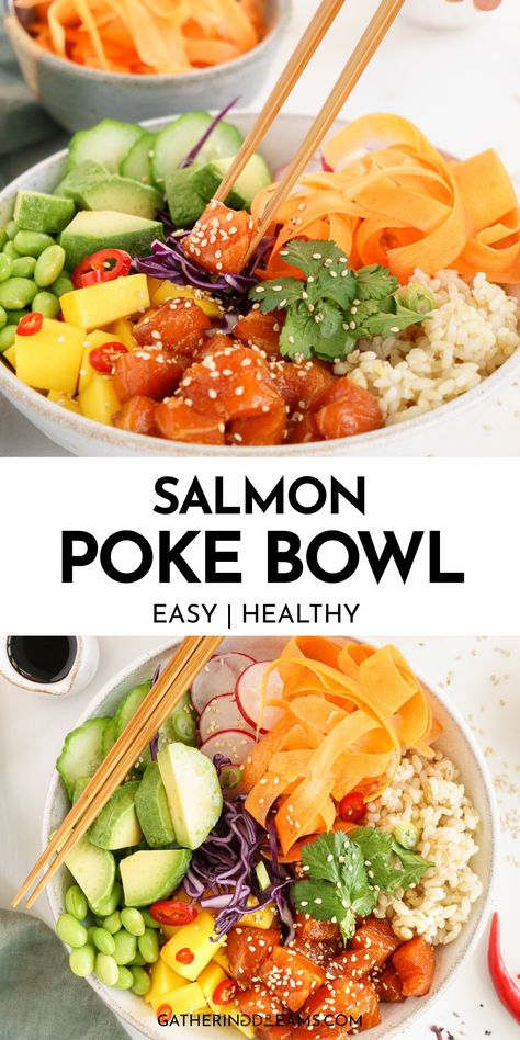 Build your own Salmon Poke Bowl from top to bottom in 30 minutes or less with sushi-grade fish, sticky rice, and a colorful assortment of fresh sides heavily influenced by a mashup of Hawaiian and Japanese culinary traditions. Fresh Sides, Salmon Poke Bowl Recipe, Salmon Poke Bowl, Quick Salmon, Poke Bowl Recipe, Salmon Poke, Poke Bowls, Rice Recipes For Dinner, Family Lunch