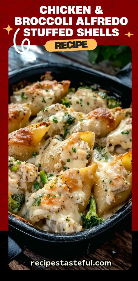 Cheesy Stuffed Pasta, Chicken Broccoli Alfredo Pasta, Broccoli Alfredo Pasta, Chicken Alfredo Stuffed Shells, Alfredo Stuffed Shells, Rice And Potatoes, Chicken Stuffed Shells, Shell Pasta Recipes, Chicken Broccoli Alfredo