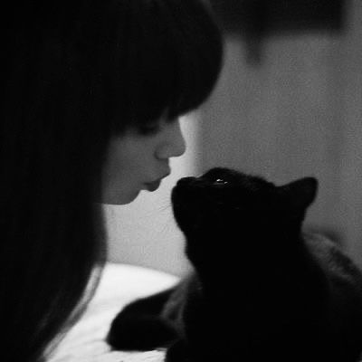 Black Cat, A Woman, Bed, Hair, Black