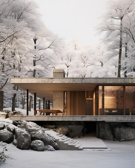 Concrete House Architect and Interior Designer: @miladeshtiyaghi Would You live here? | Instagram Winter House Exterior, Woodland House, Concrete Architecture, Minimal Architecture, Cliff House, Innovative Architecture, Concrete Home, Modern Architects, Concrete House