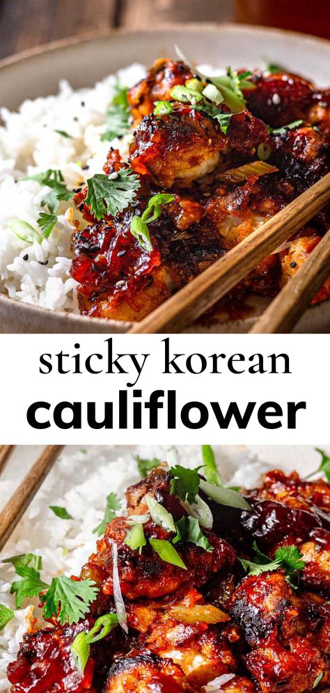 The easiest and best air fryer Korean Chili Cauliflower! This recipe also includes baking instructions if you don't have an air-frier. These cauliflower wings make a delicious dinner or side dish and are completely vegan and gluten-free. This sauce’s main ingredient is gochujang, or Korean Chili Paste. Feel free to serve these tender battered cauliflowers with rice, green onions, and cilantro. #cauliflower #airfriedcauliflower Korean Cauliflower, Chili Cauliflower, Cauliflower Vegan, Korean Chili, Korean Chili Paste, Cauliflowers, Best Air Fryer, Cauliflower Wings, Chili Paste