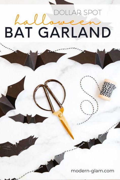 DIY Halloween garland with black bats. Check out how easy it is to make this simple halloween DIY with dollar section cutouts and bakers twine. #diy #diyhalloween #batgarland #halloweenporch Halloween Door Garland, Diy Halloween Garland, Bat House Plans, Halloween Diy Door, Fun Diy Halloween Decorations, Door Garland, Twine Diy, Bat House, Modern Halloween